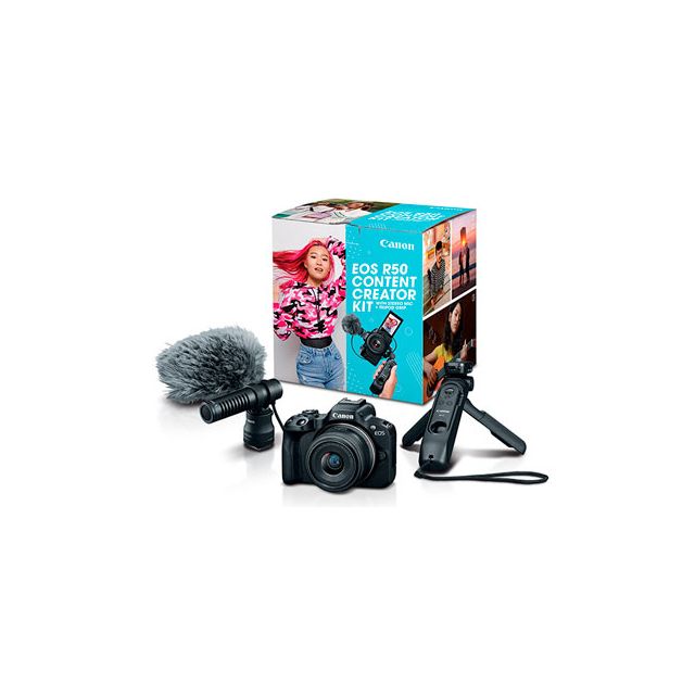 Cámara Canon EOS R50 Content Creator Kit Micrófono DM-E100• Tripie HG-100TBR